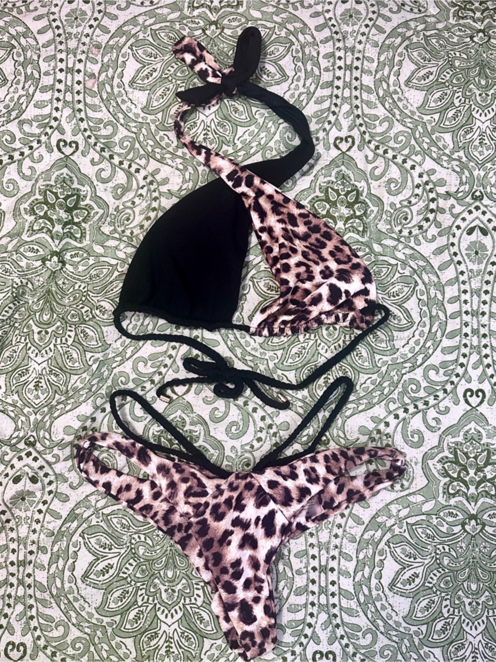 Beach Bunny Lex Brown and Black Leapard Print Cross Trangle Strappy Bikini Set